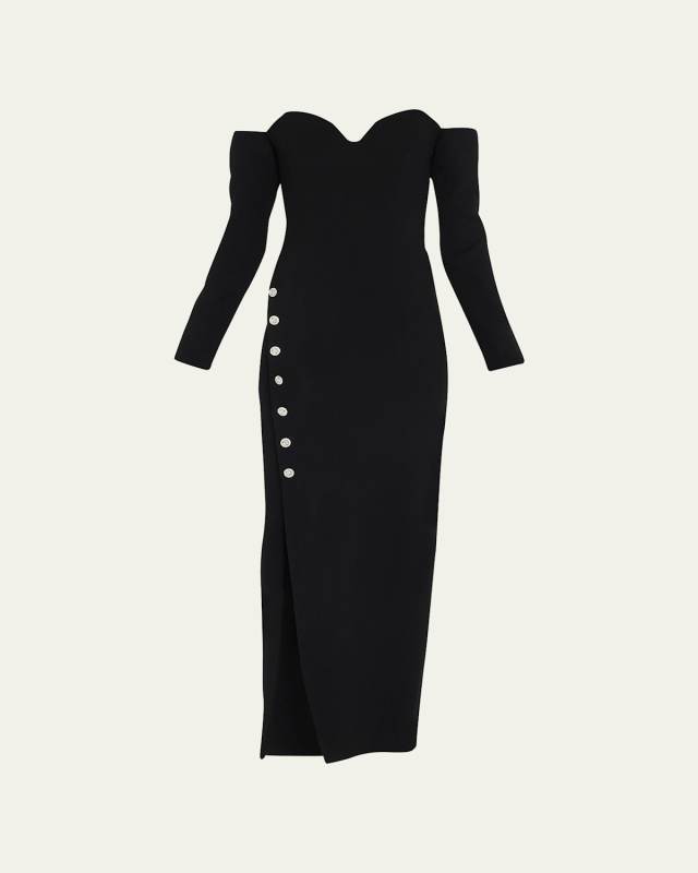 Off-Shoulder Gown w Rhinestone Detail Buttons